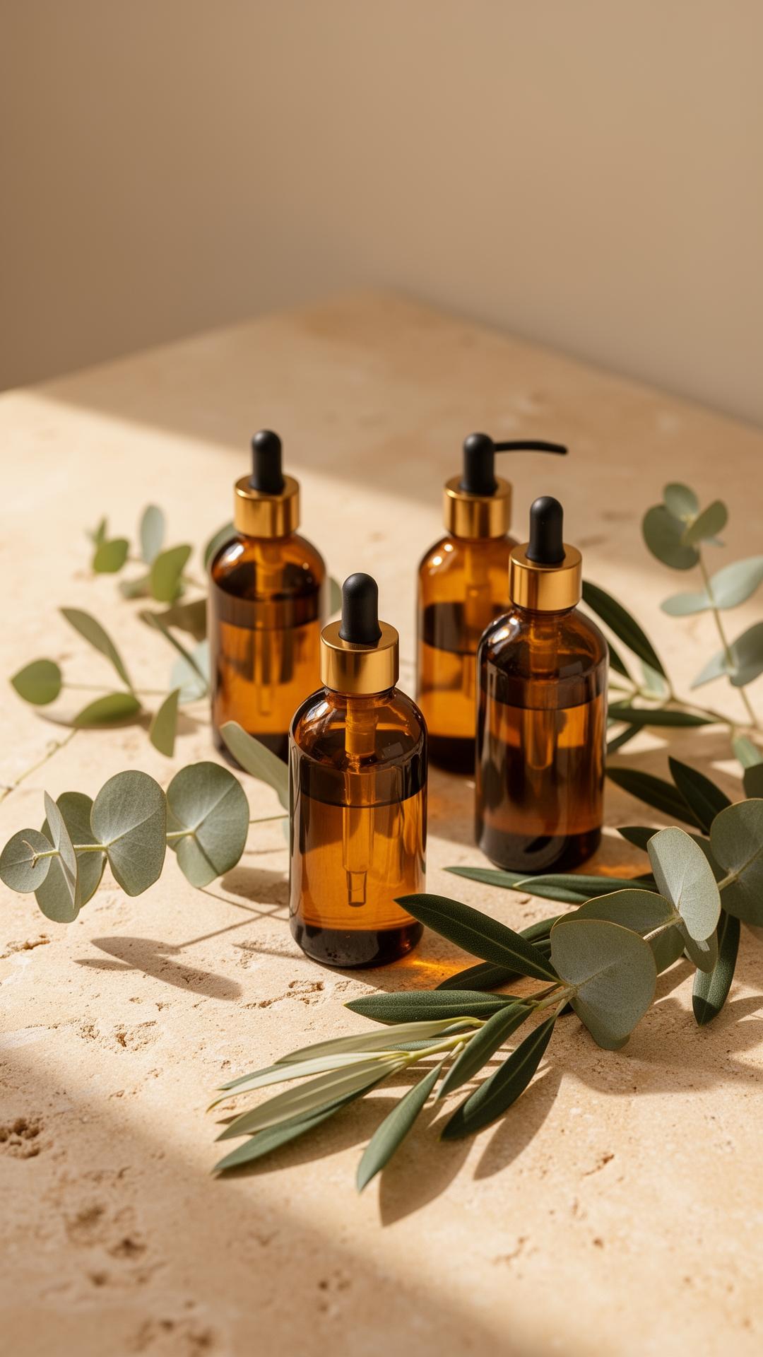 Luxury amber massage oil bottles on black marble